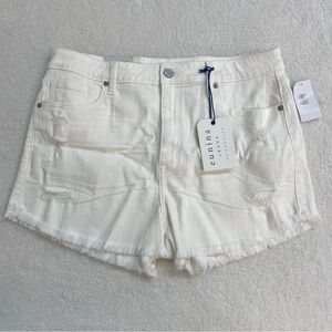 NWT Eunina White Denim Shorts Lulu Super High Rise Cut Off Fringe Size Large